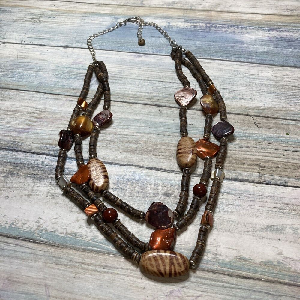 Multi Strand Coconut Shell Beads silver tone Chain 20" Necklace Lightweight